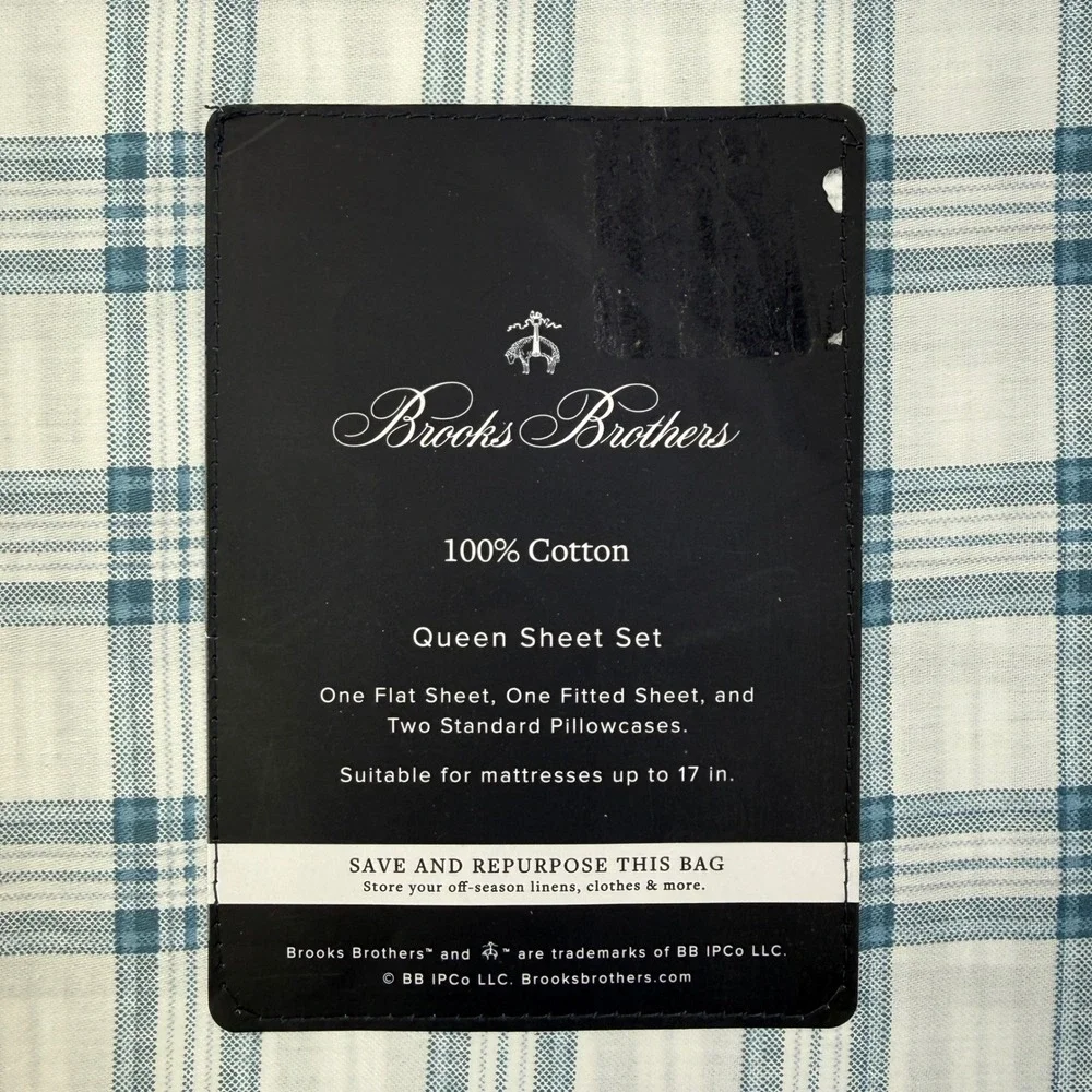 Brooks Brothers Queen Sheet Set Blue White Plaid 100% Cotton 4pc‎ New